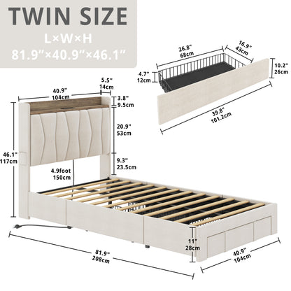 Upholstered Bed Frame with 3 Drawers