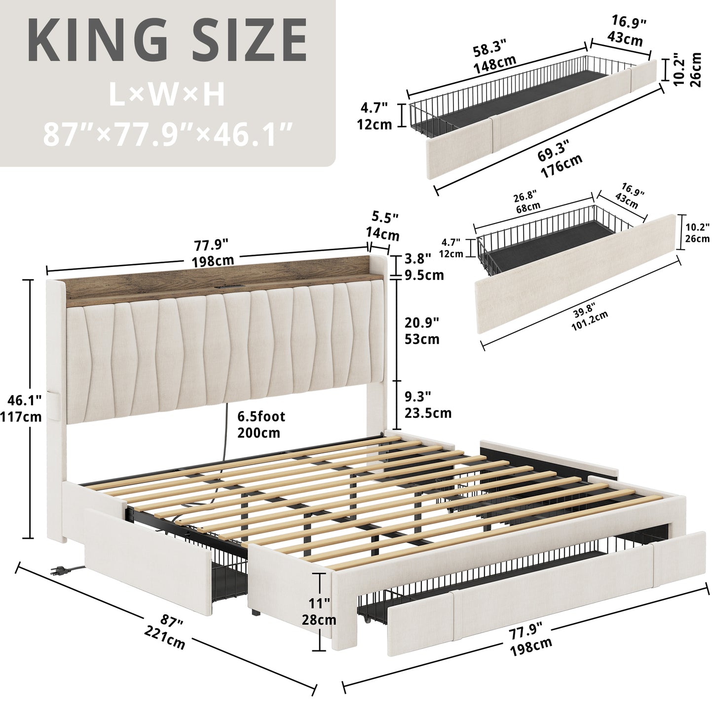 Upholstered Bed Frame with 3 Drawers