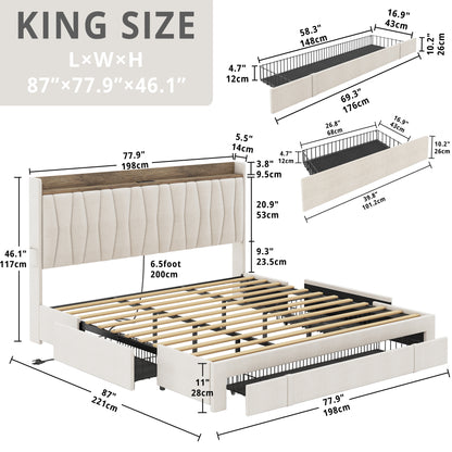 Upholstered Bed Frame with 3 Drawers