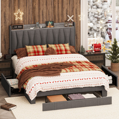 3 Drawers Upholstered Platform Bed- Grey