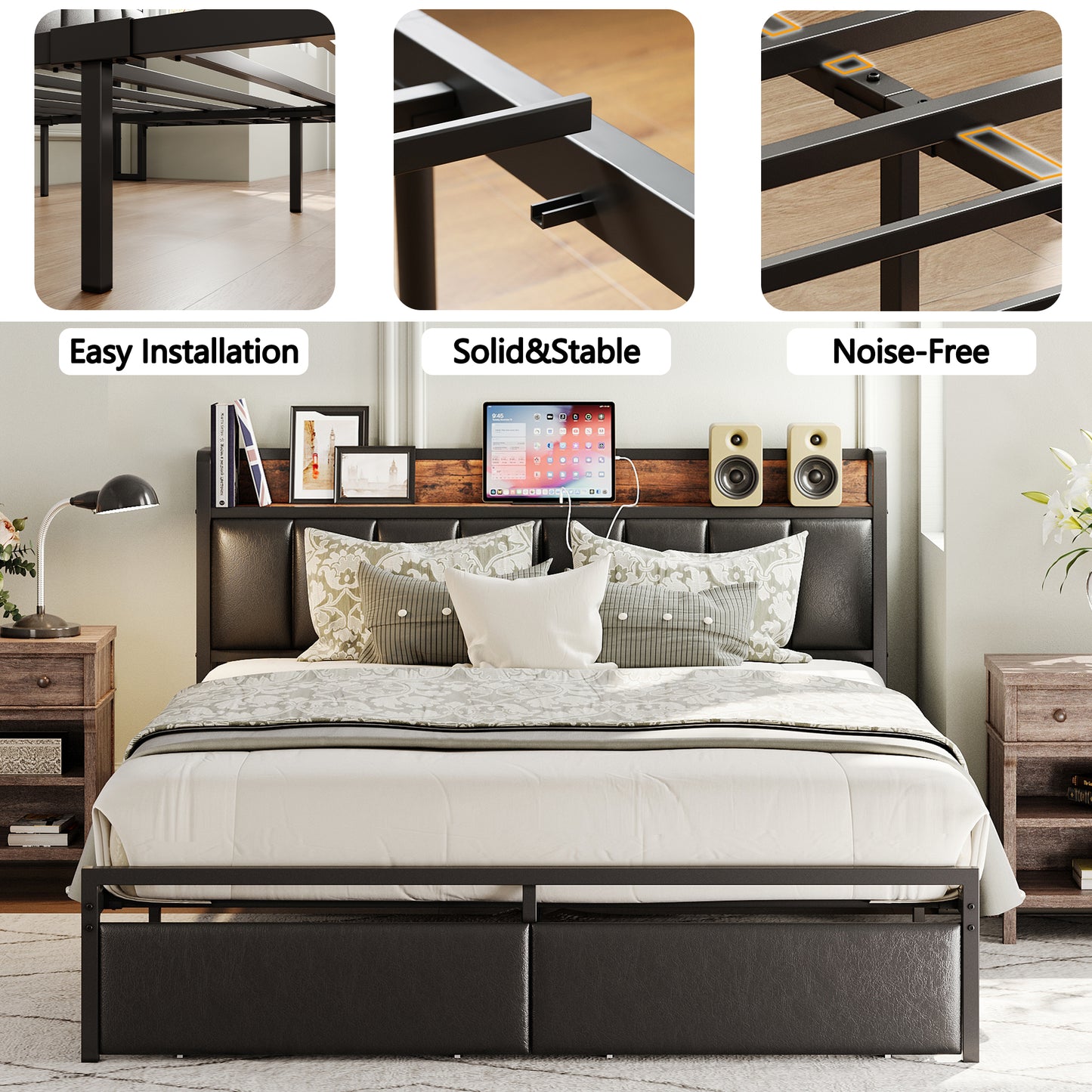 ANCTOR Queen Bed Frame with Storage Headboard, Charging Station, and Drawers