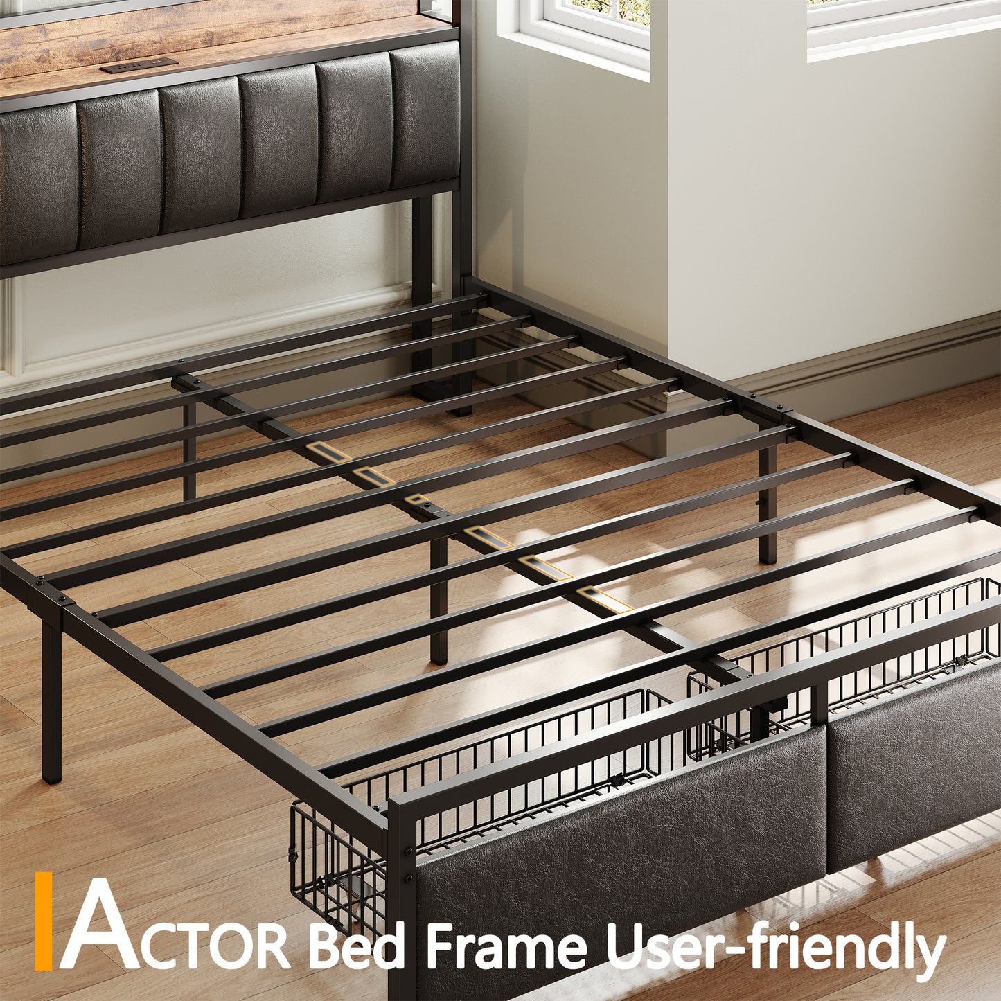 ANCTOR Queen Bed Frame with Storage Headboard, Charging Station, and Drawers