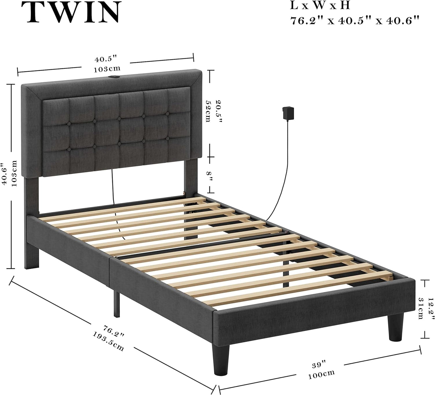 ANCTOR Upholstered Bed Frame with USB Ports