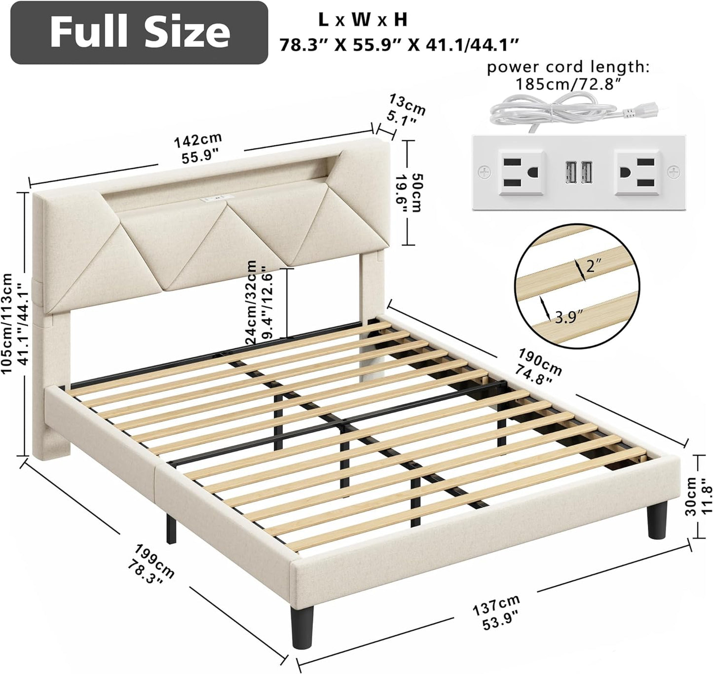 ANCTOR White LED Lights Upholstered Platform Bed