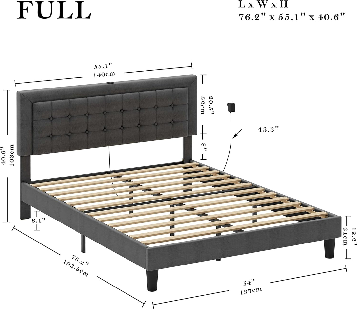 ANCTOR Upholstered Bed Frame with USB Ports