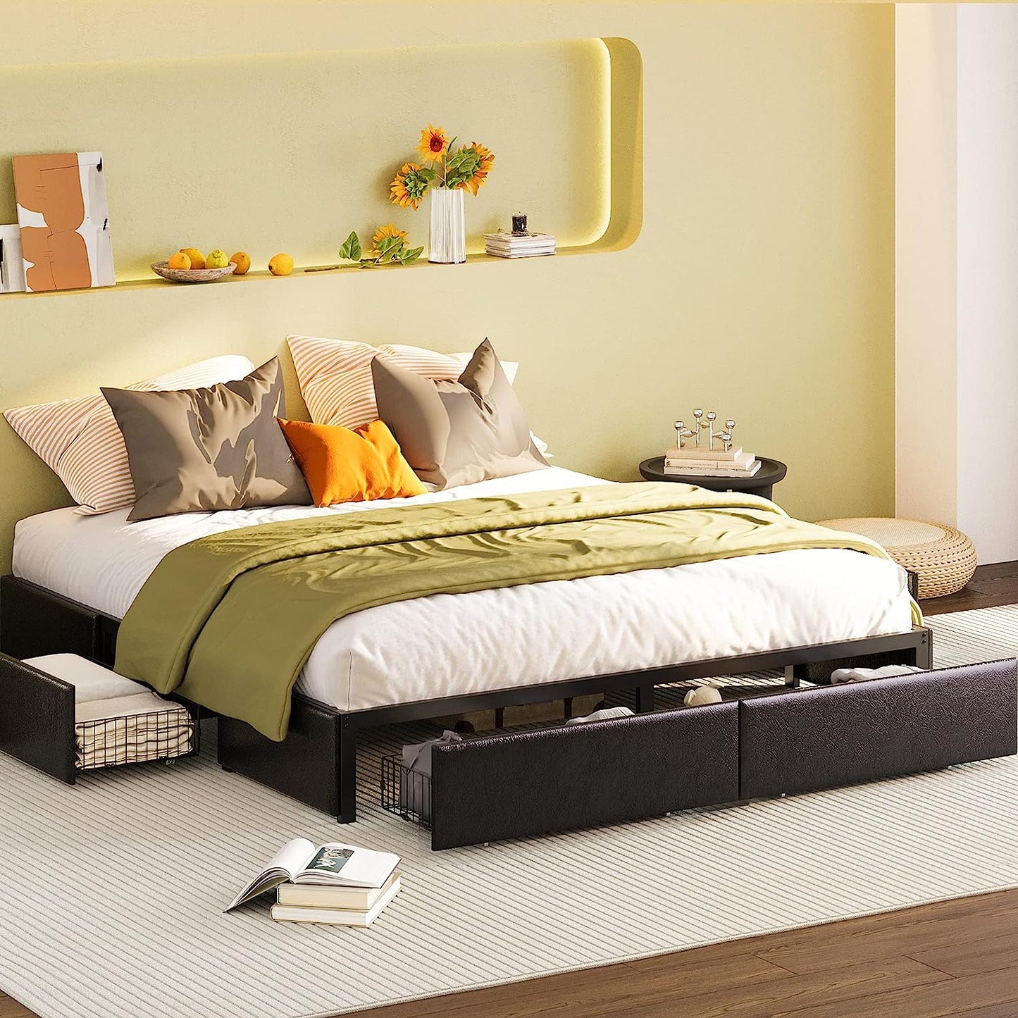 King Upholstered Bed Frame with 4 Drawers