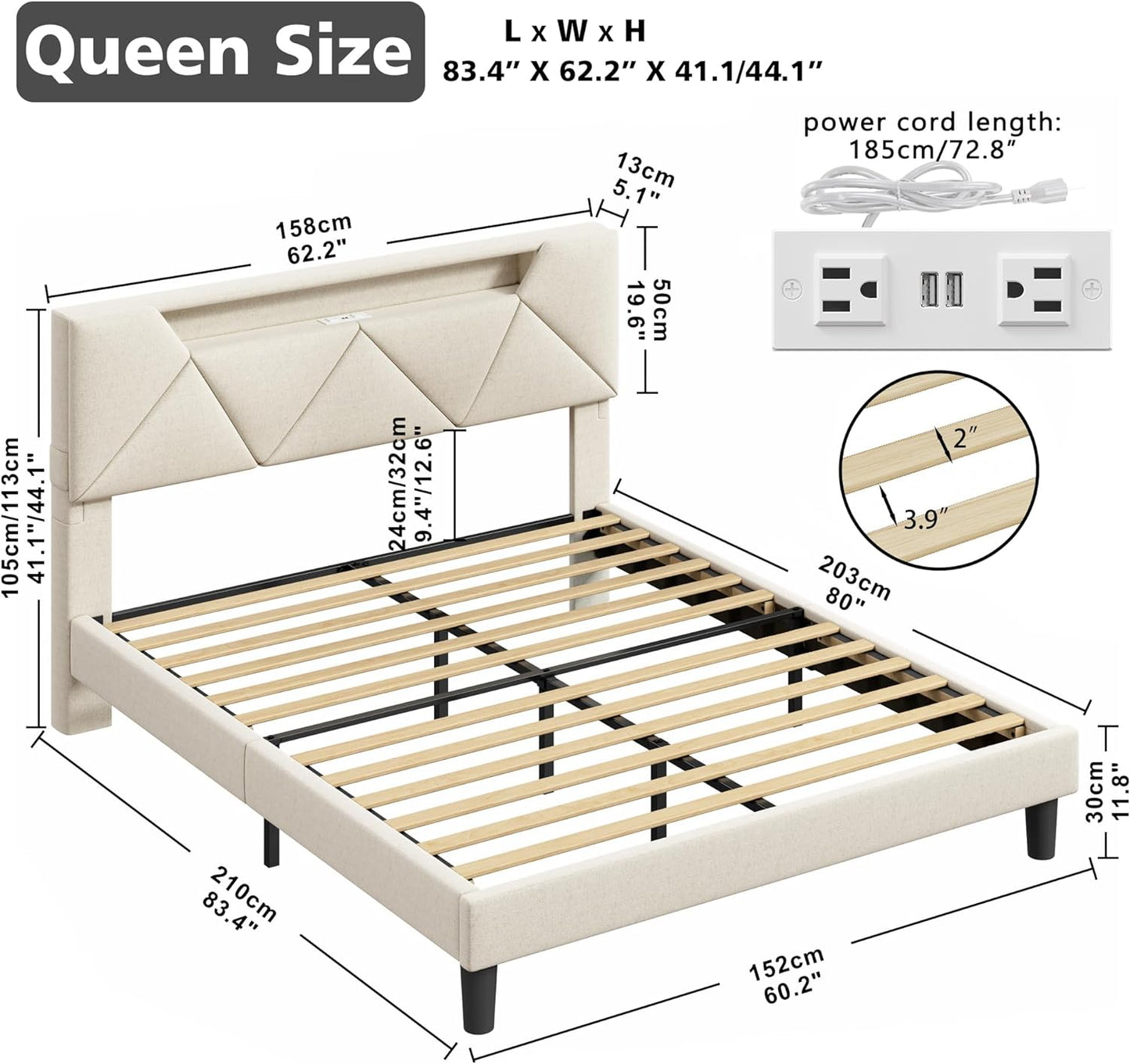 ANCTOR White LED Lights Upholstered Platform Bed