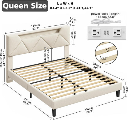 ANCTOR White LED Lights Upholstered Platform Bed