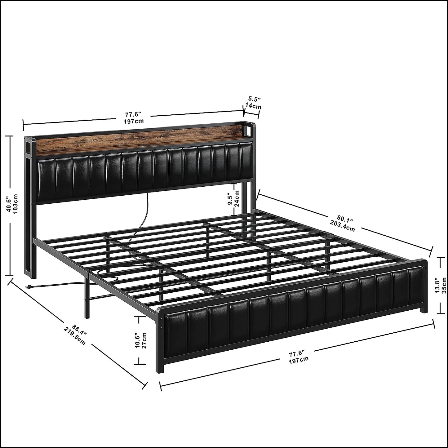 King Size Upholstered Bed Frame with Charging Station