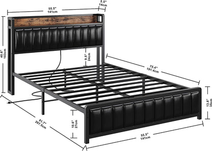 Full Size Upholstered Bed Frame with Charging Station