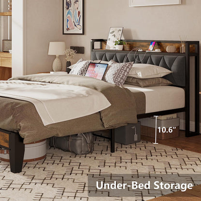 Full Size Bed Frame with Storage Headboard