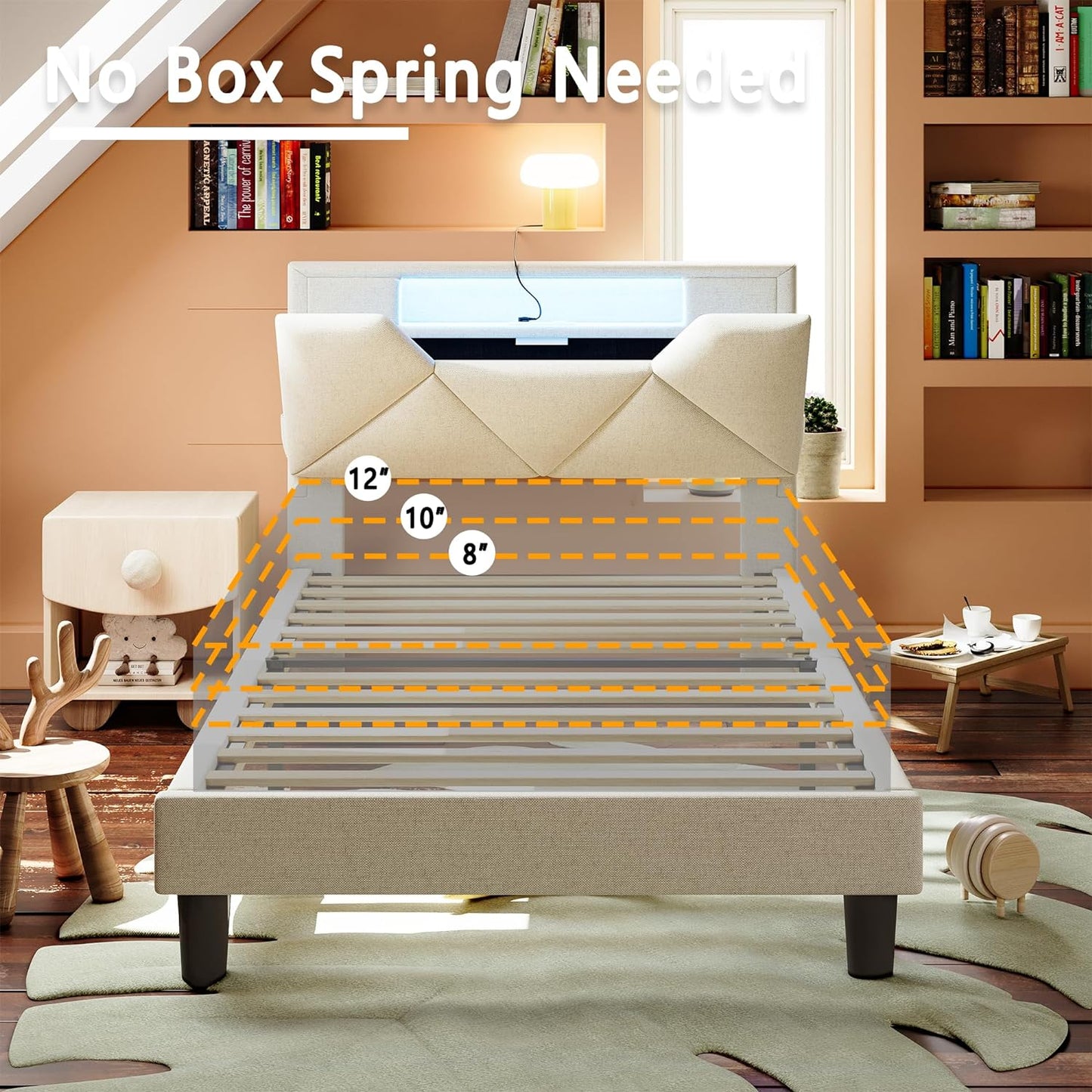 ANCTOR White LED Lights Upholstered Platform Bed