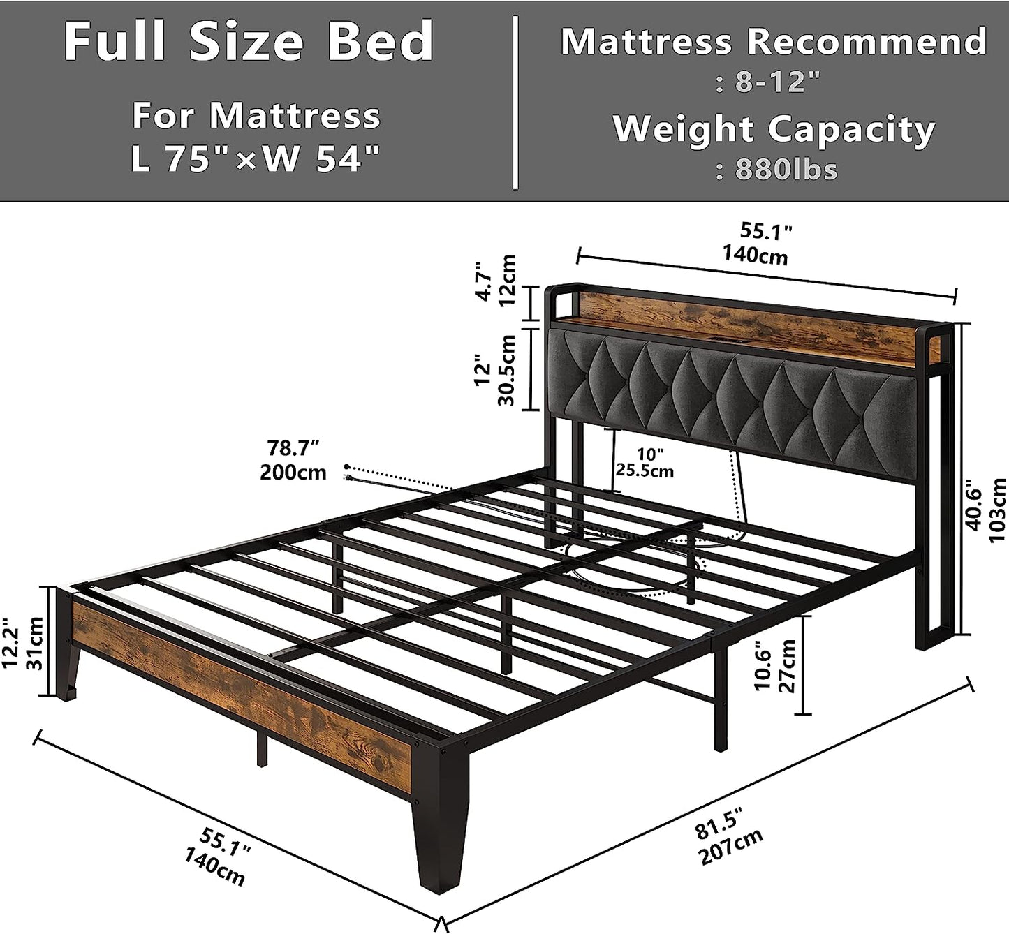 Full Size Bed Frame with Storage Headboard