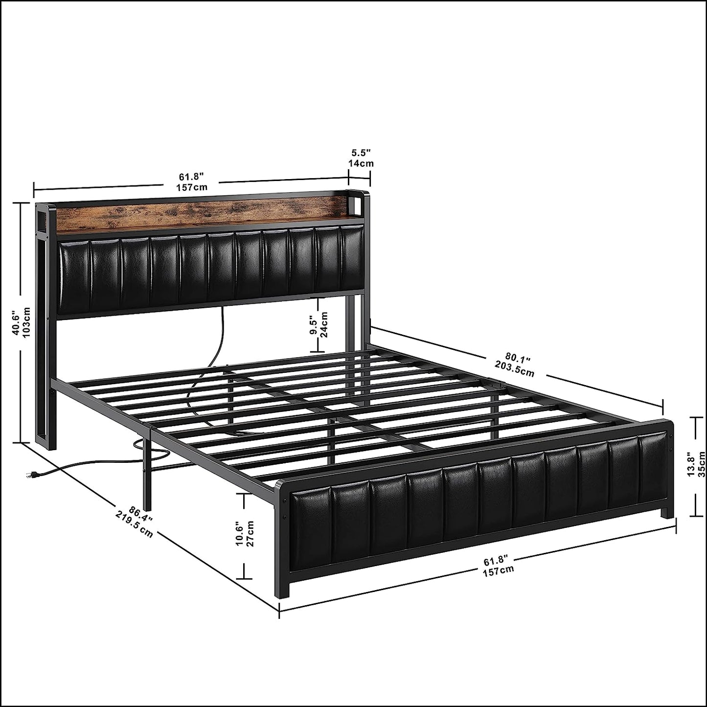 Queen Size Upholstered Bed Frame with Charging Station