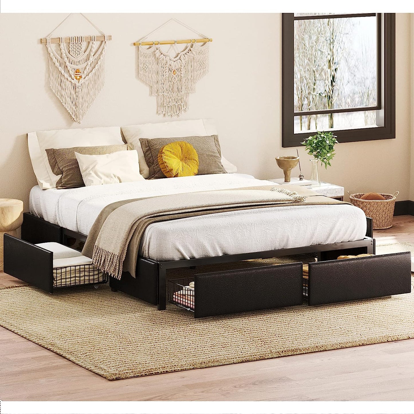 Queen Upholstered Bed Frame with 4 Drawers