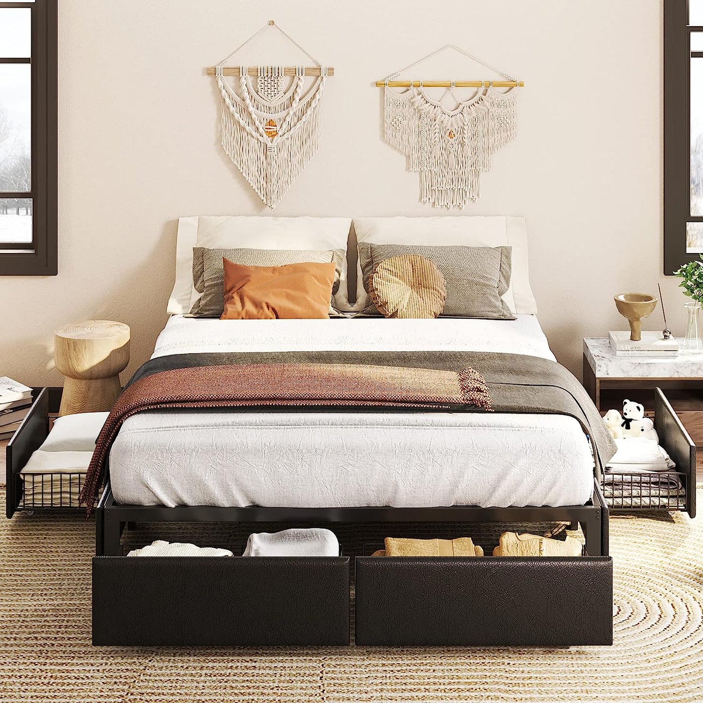 Queen Upholstered Bed Frame with 4 Drawers