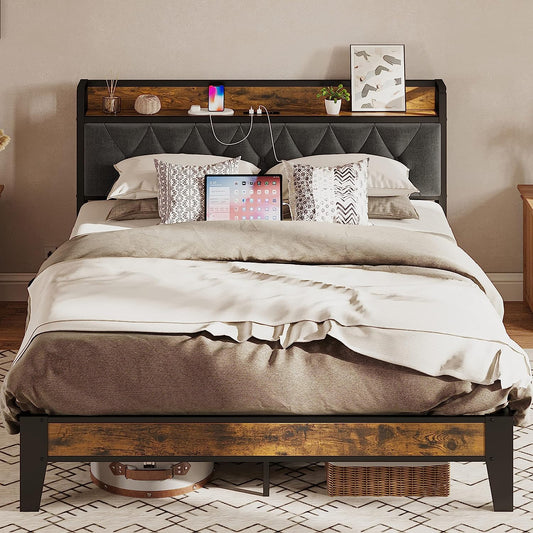 Full Size Bed Frame with Storage Headboard