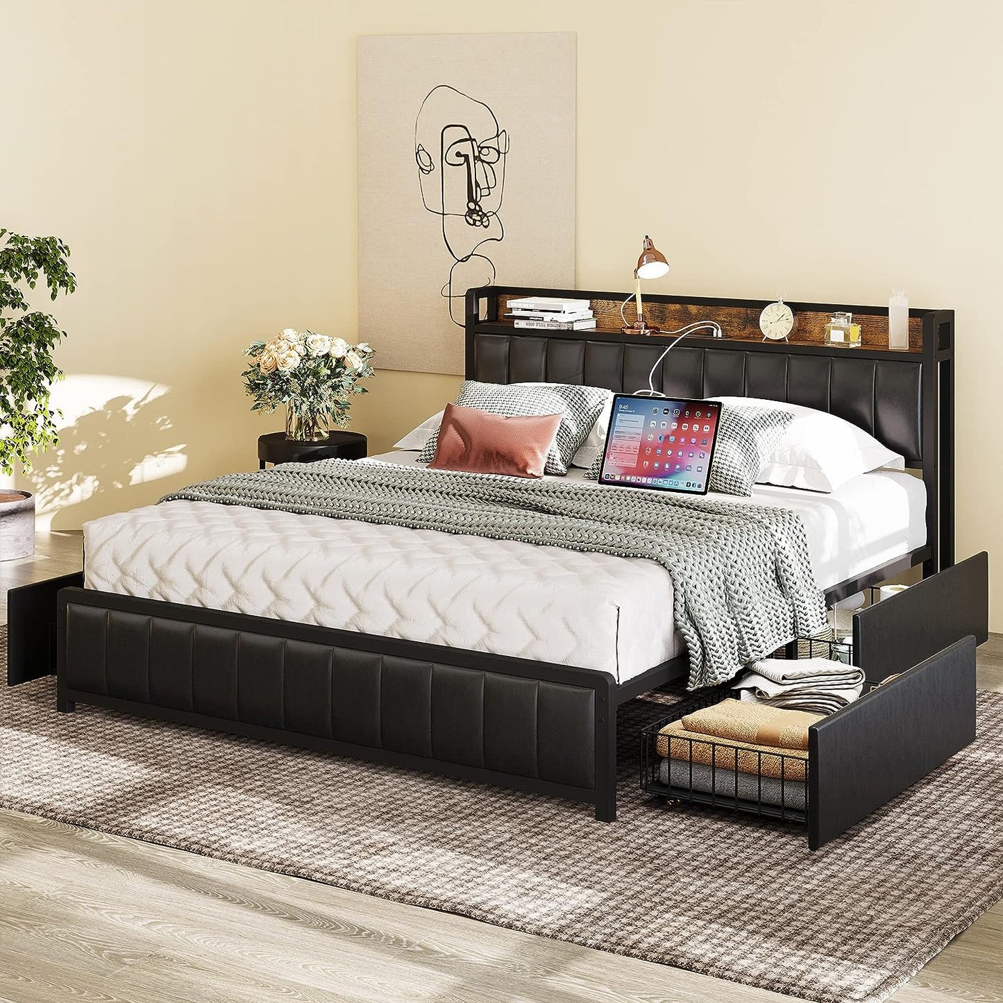 Queen Size Bed Frame with Storage Drawers