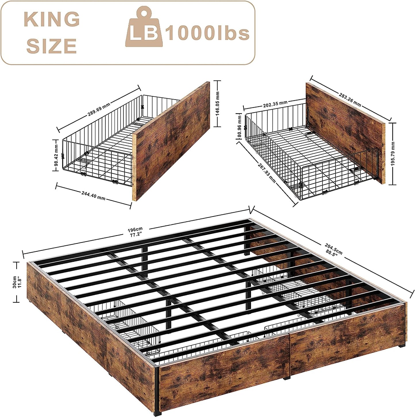 King Bed Frame with 4 Drawers