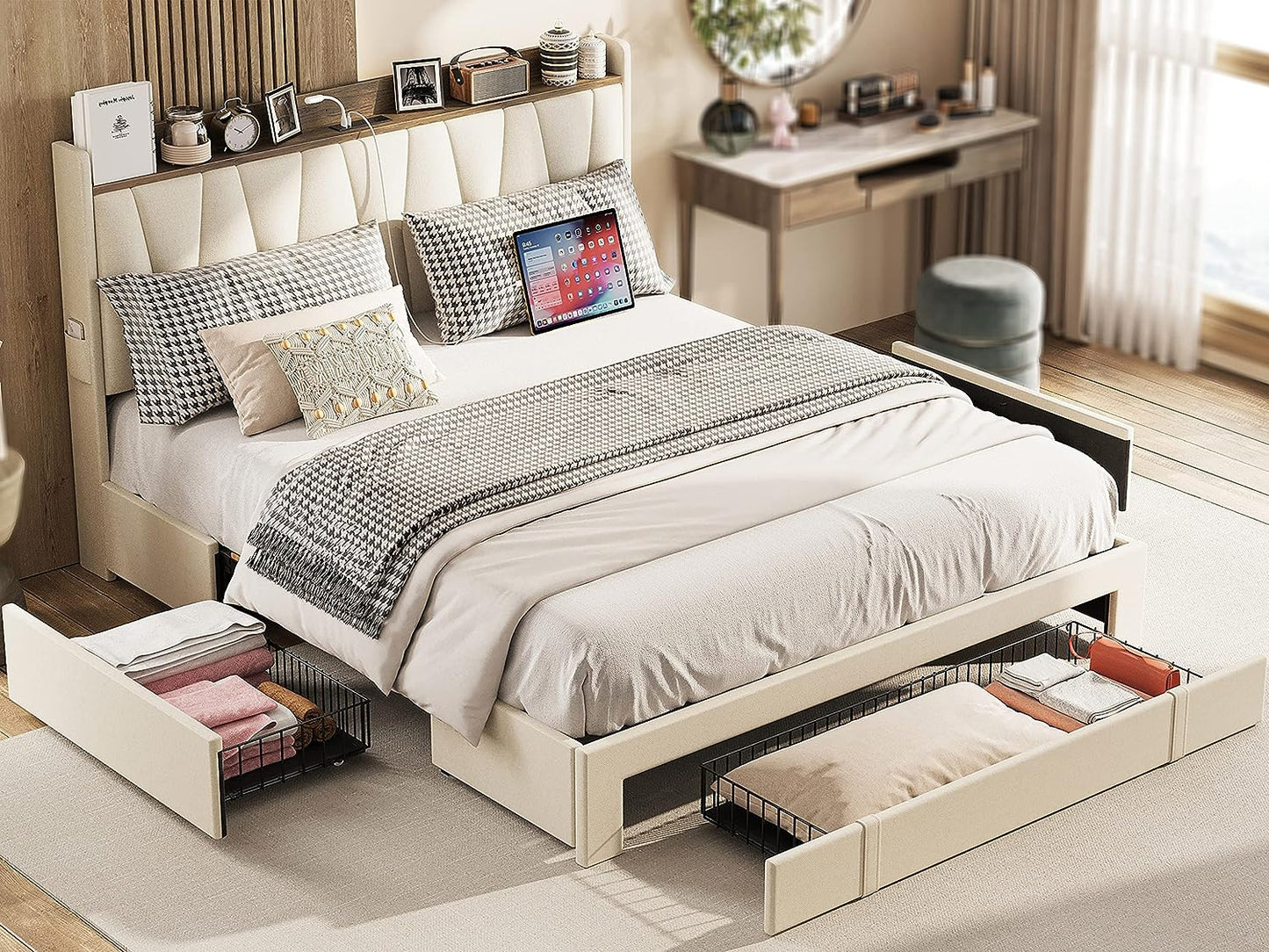 Upholstered Bed Frame with 3 Drawers