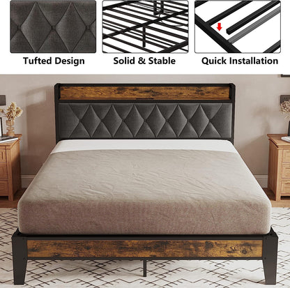 Full Size Bed Frame with Storage Headboard