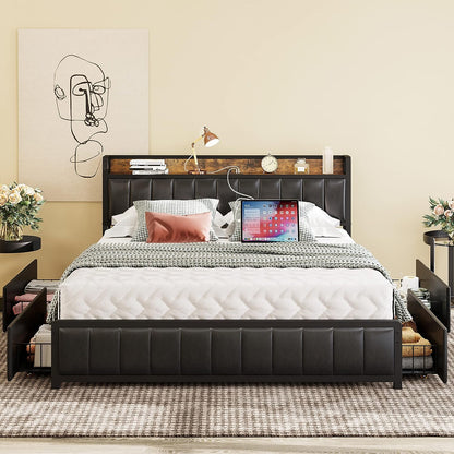 Queen Size Bed Frame with Storage Drawers