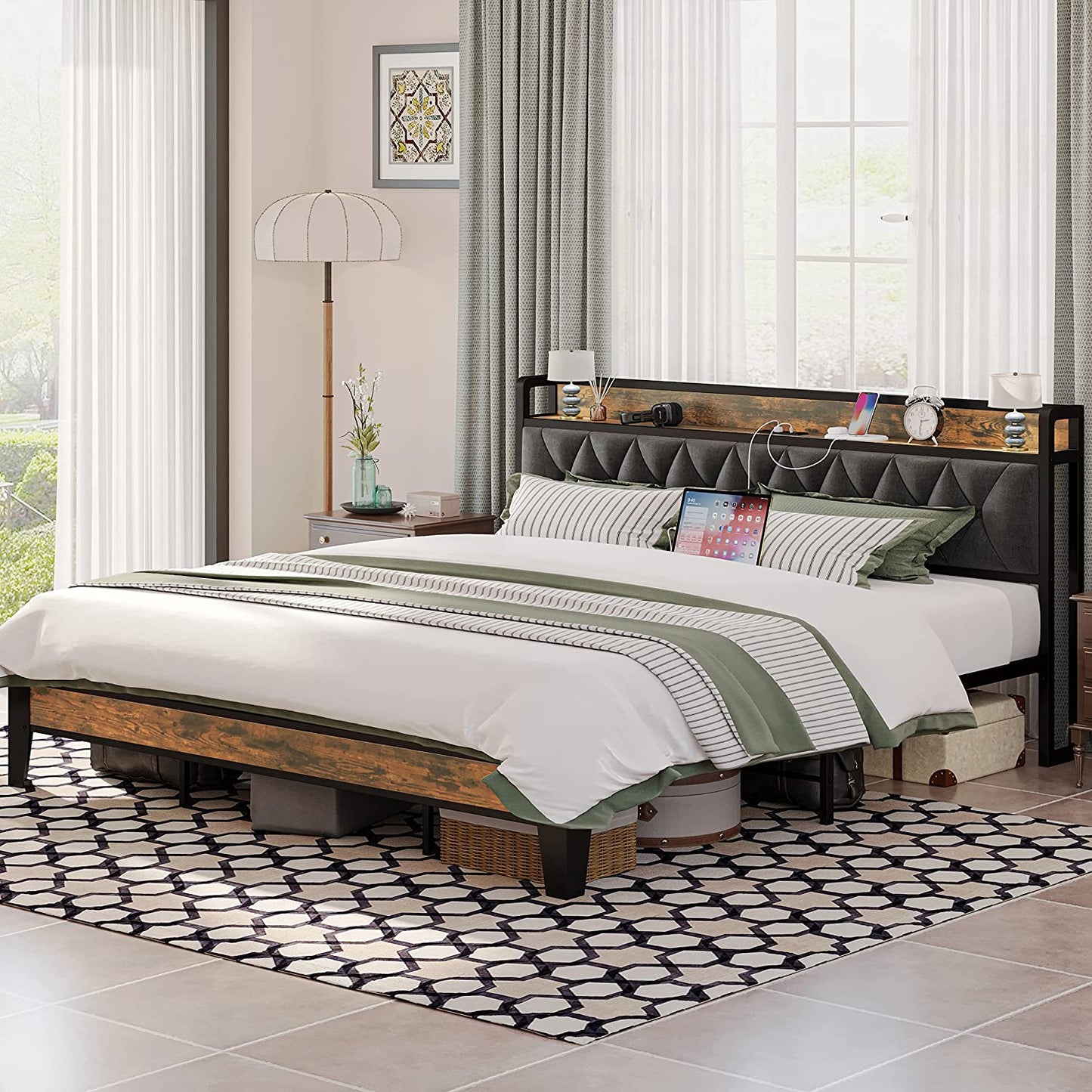 King Size Bed Frame with Storage Headboard