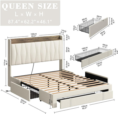 Upholstered Bed Frame with 3 Drawers