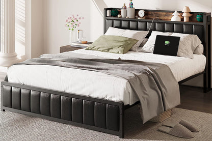 Queen Size Upholstered Bed Frame with Charging Station