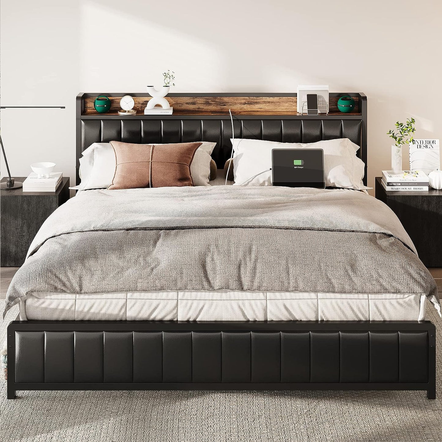 King Size Upholstered Bed Frame with Charging Station