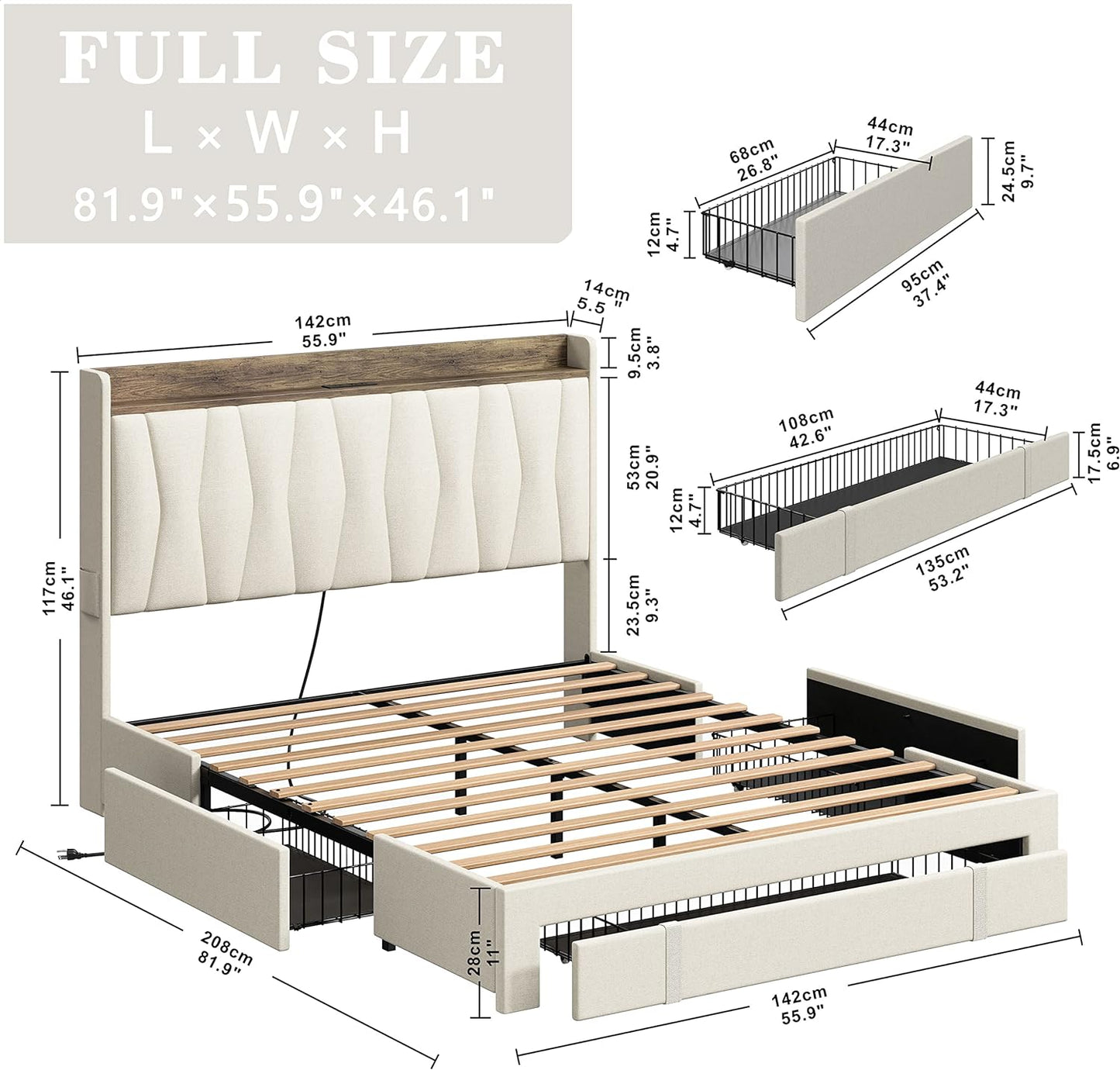 Upholstered Bed Frame with 3 Drawers