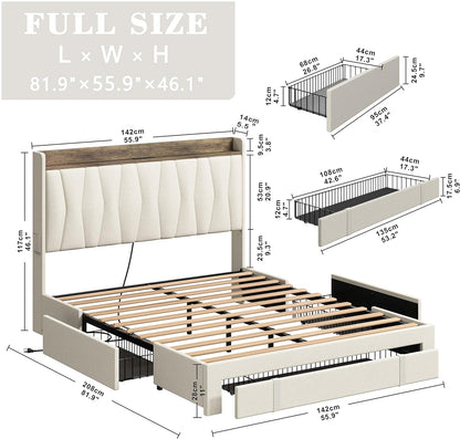 Upholstered Bed Frame with 3 Drawers