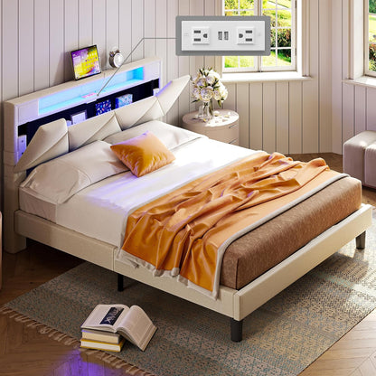 ANCTOR White LED Lights Upholstered Platform Bed