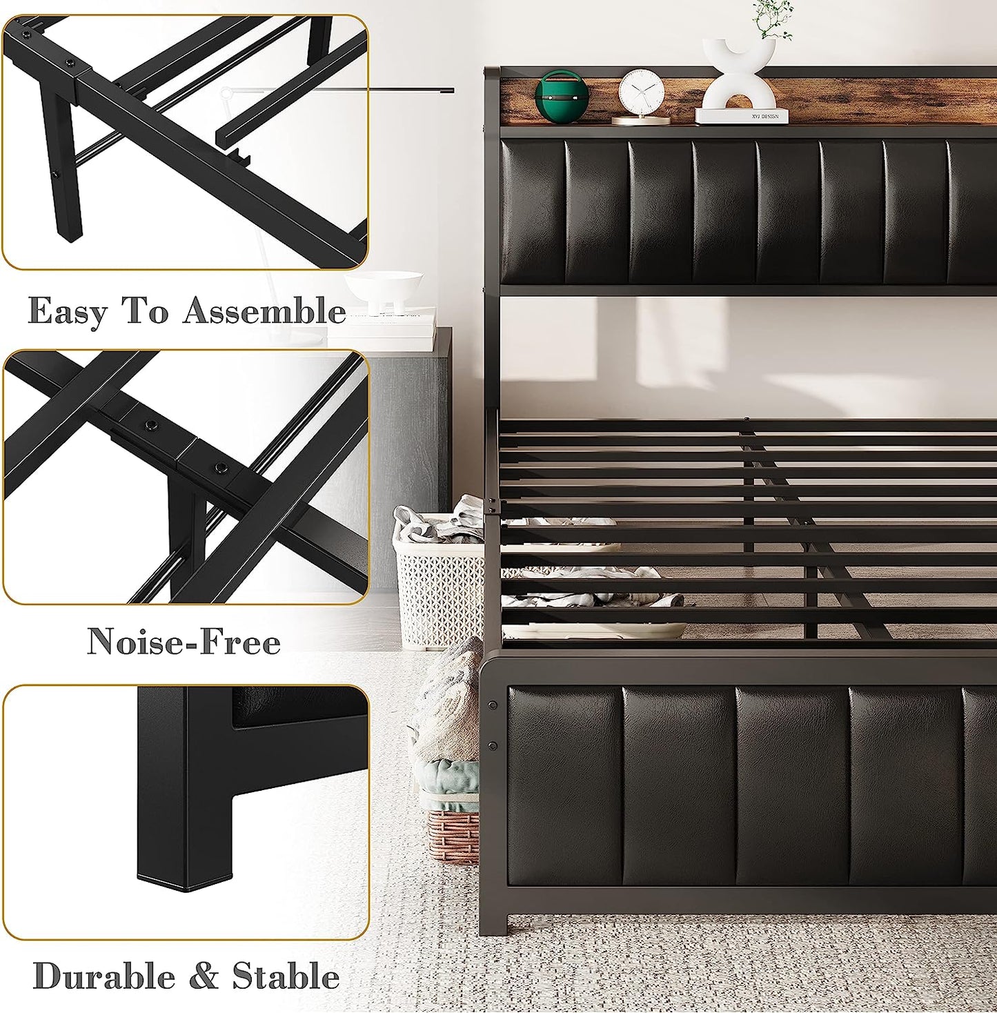 King Size Upholstered Bed Frame with Charging Station