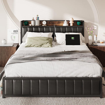 Queen Size Upholstered Bed Frame with Charging Station