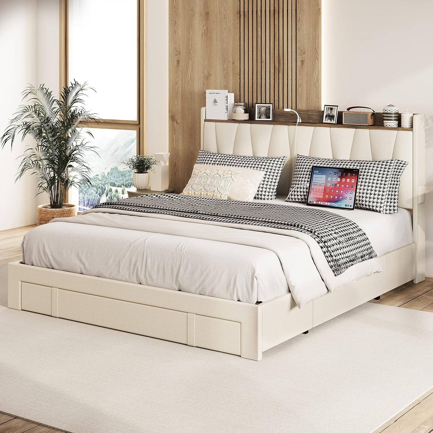 Upholstered Bed Frame with 3 Drawers