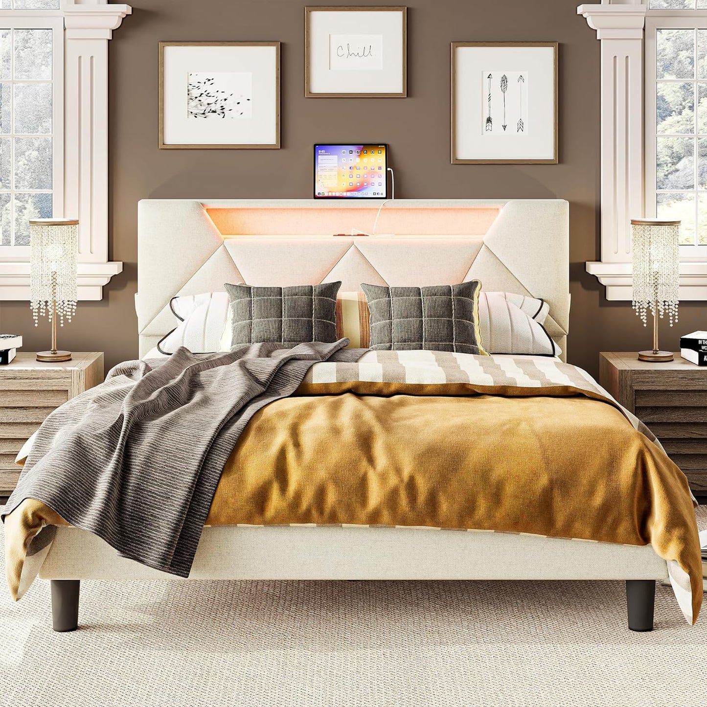 ANCTOR White LED Lights Upholstered Platform Bed