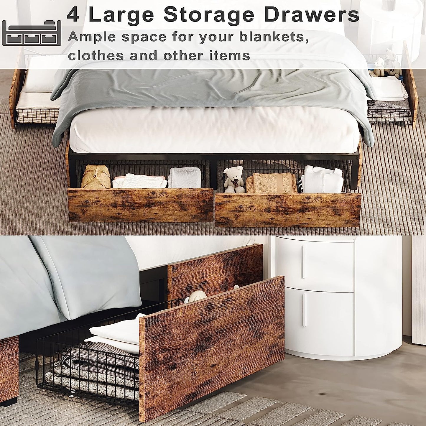 King Bed Frame with 4 Drawers