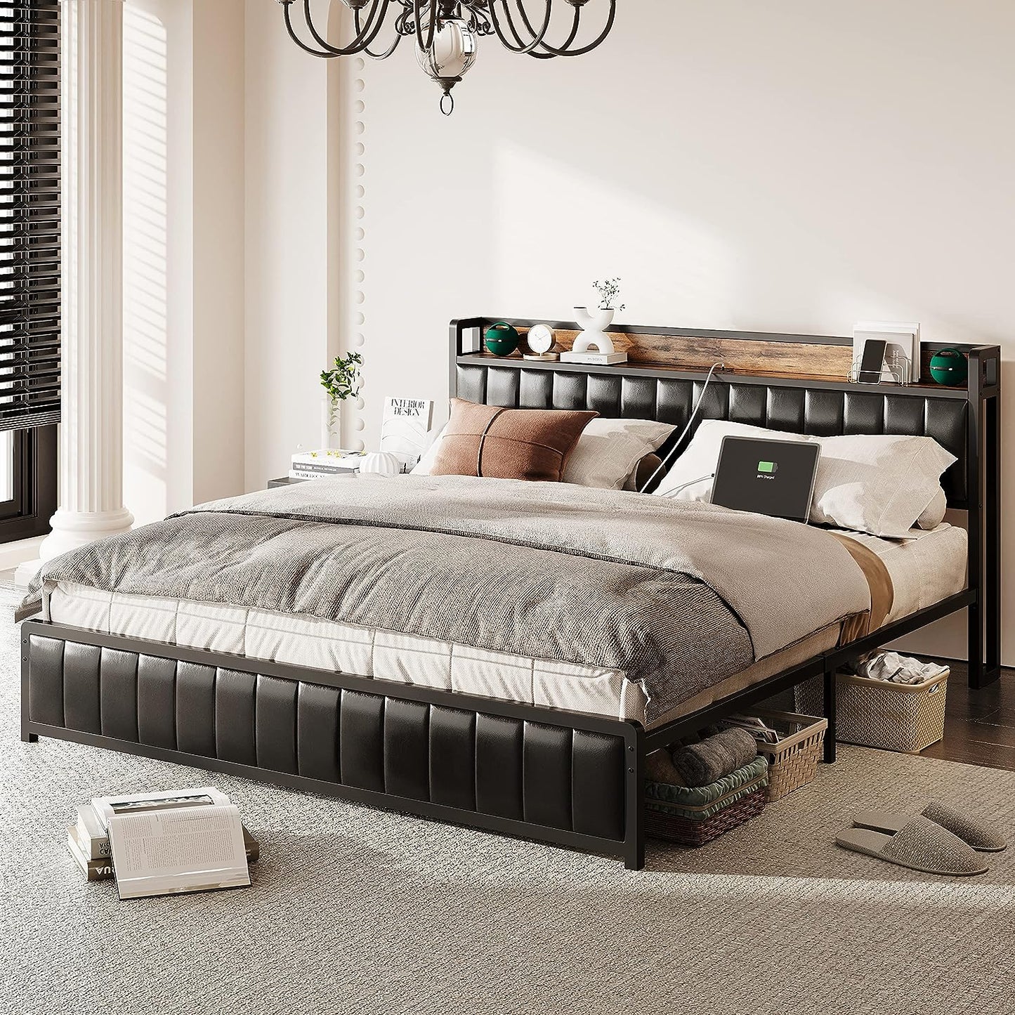 King Size Upholstered Bed Frame with Charging Station