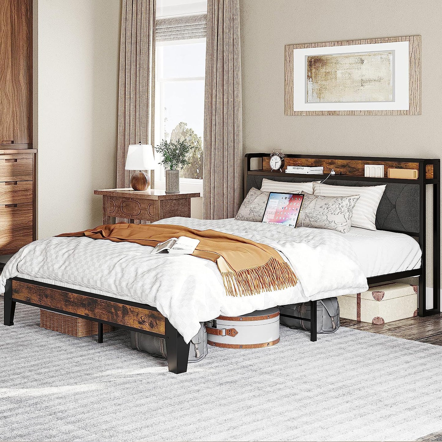 Queen Size Bed Frame with Storage Headboard