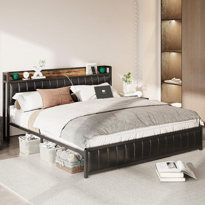 King Size Upholstered Bed Frame with Charging Station