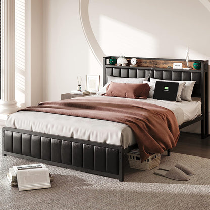 Full Size Upholstered Bed Frame with Charging Station