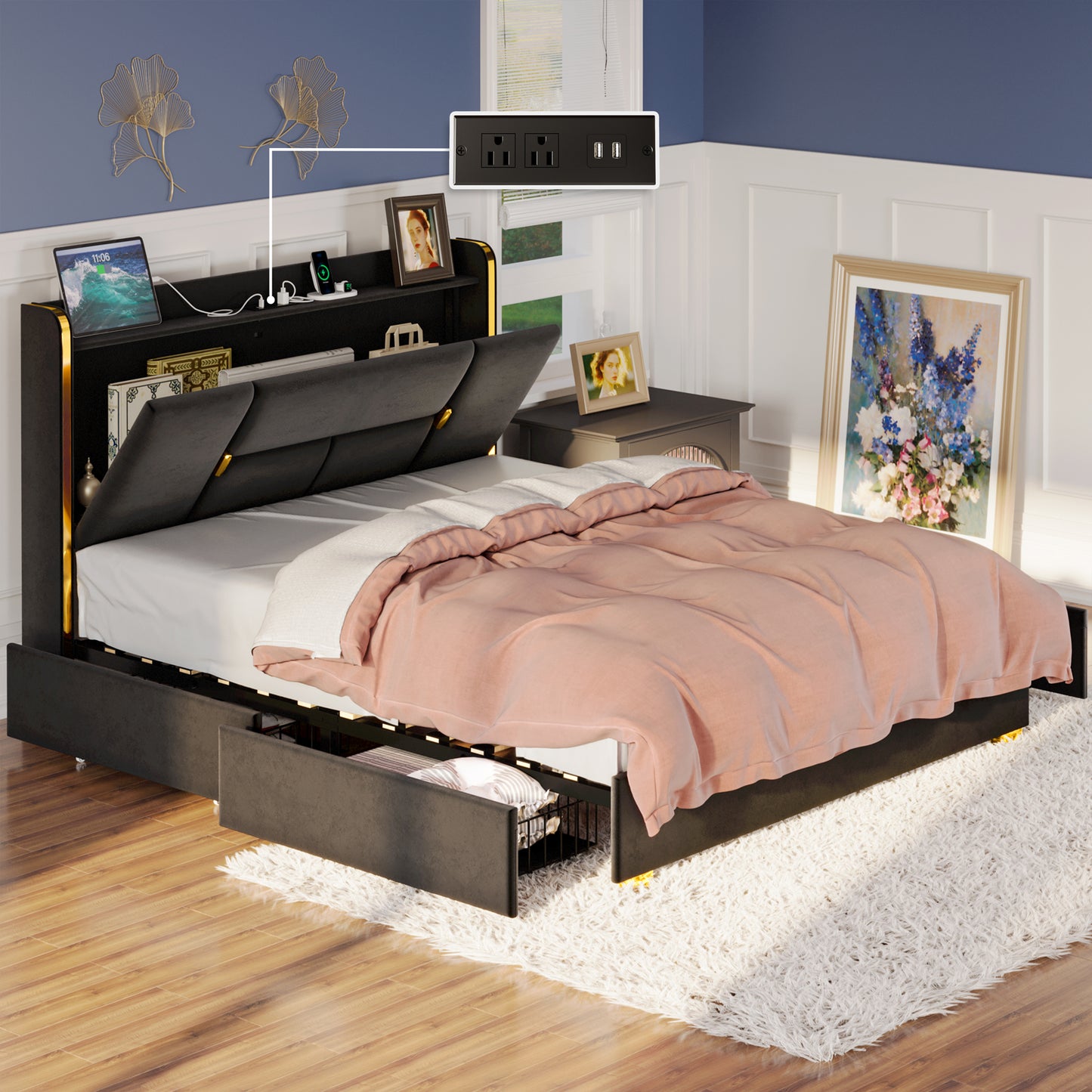 ANCTOR Upholstered Storage Bed with 4 Drawers