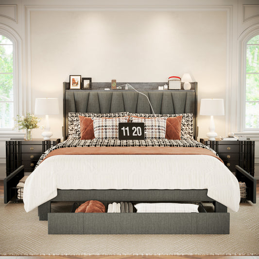 3 Drawers Upholstered Platform Bed- Grey