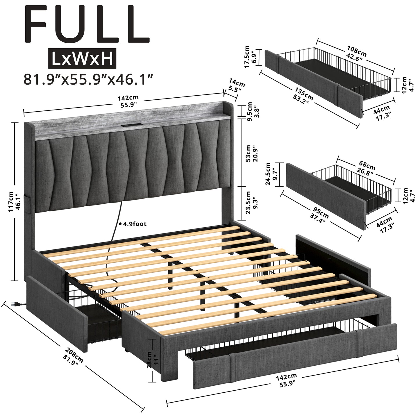 3 Drawers Upholstered Platform Bed- Grey