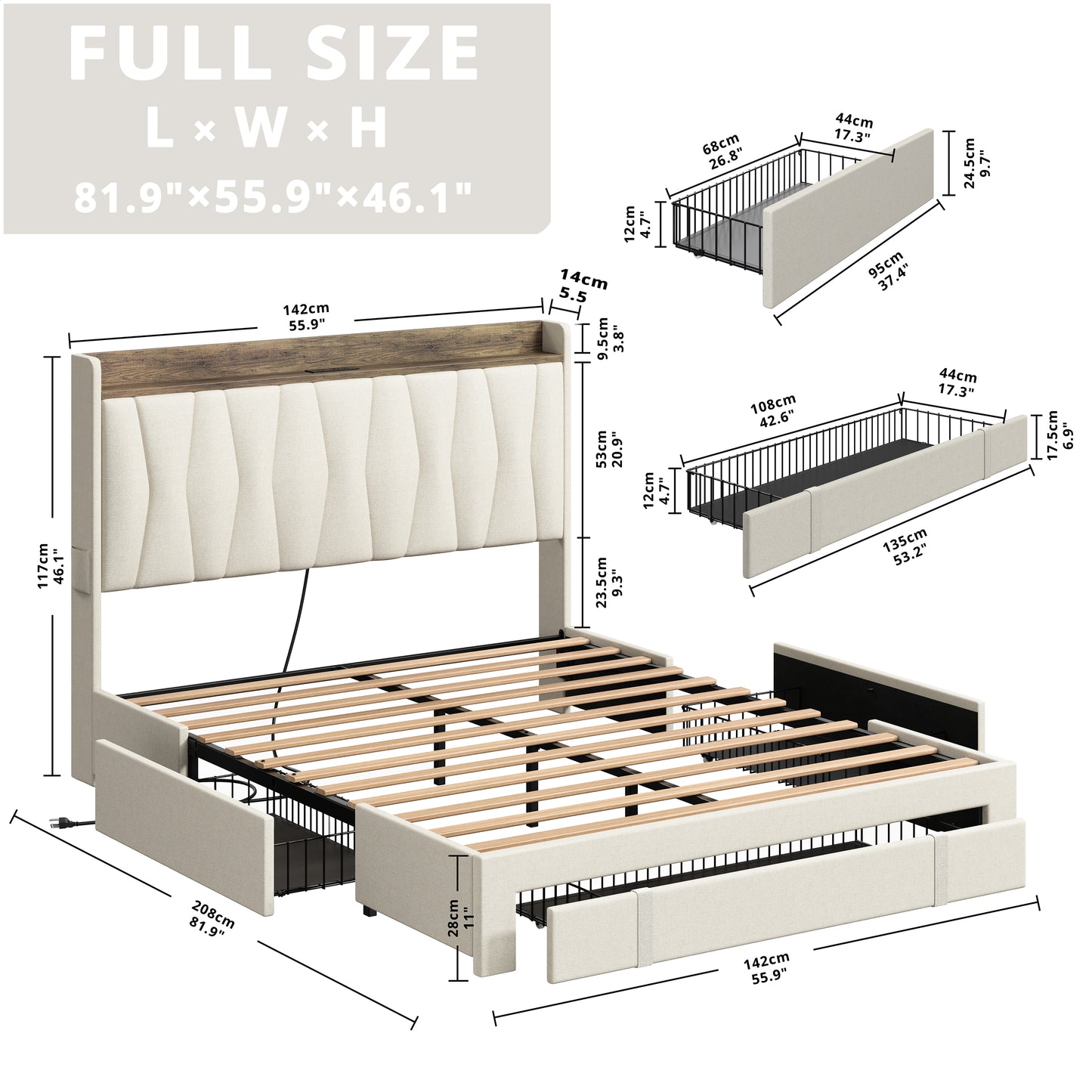 Upholstered Bed Frame with 3 Drawers