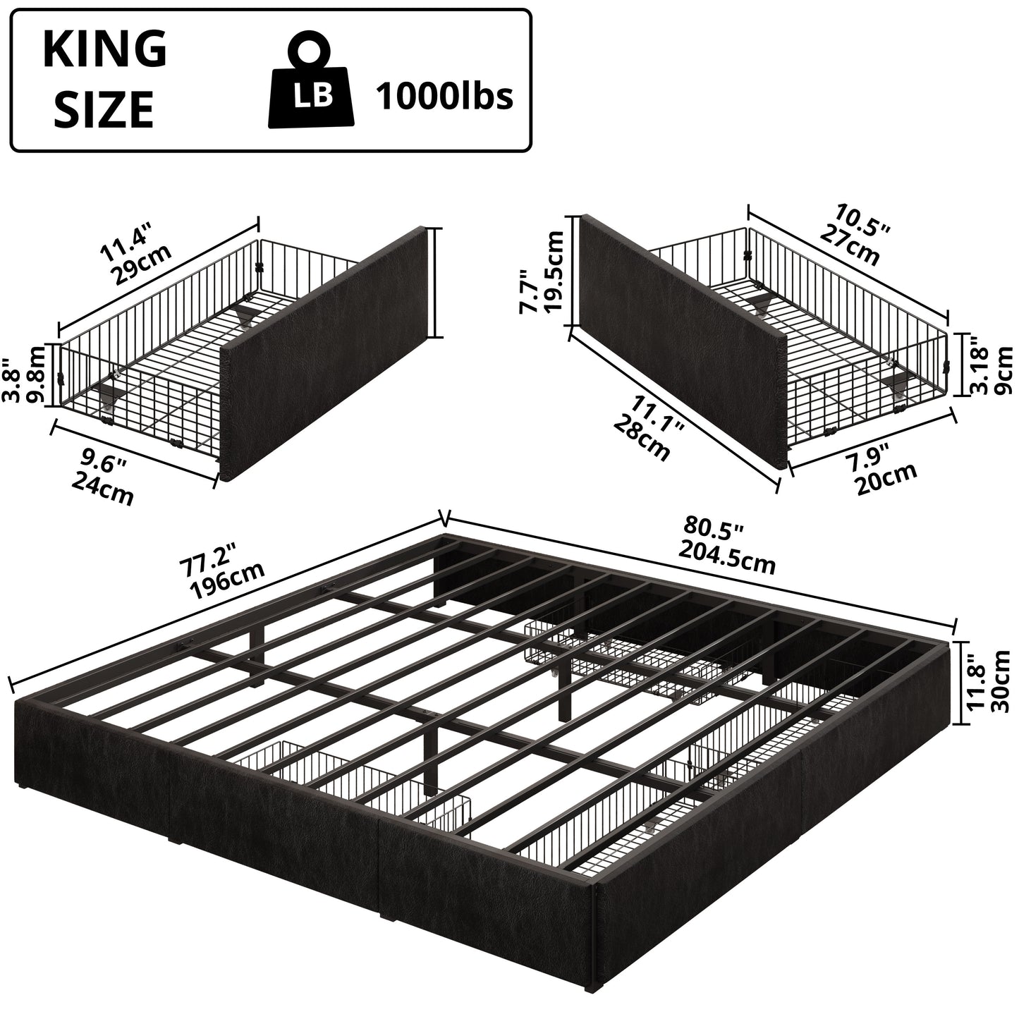 King Upholstered Bed Frame with 4 Drawers