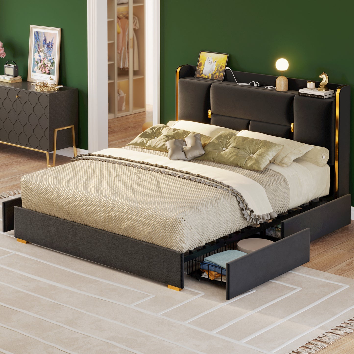 ANCTOR Upholstered Storage Bed with 4 Drawers