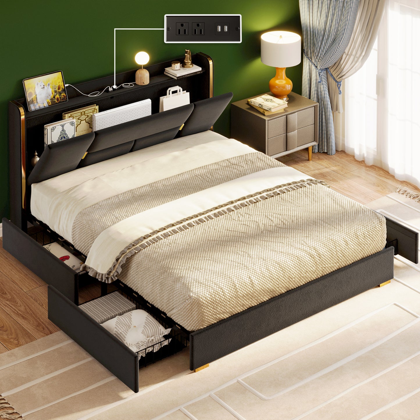 ANCTOR Upholstered Storage Bed with 4 Drawers