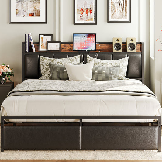 ANCTOR Queen Bed Frame with Storage Headboard, Charging Station, and Drawers